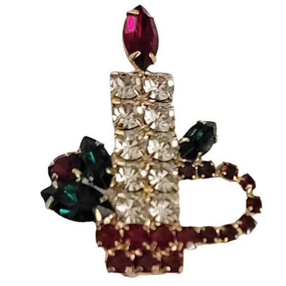 Gold Tone Red Clear Green Rhinestone Christmas Candle Brooch Pin K677 - Picture 1 of 8